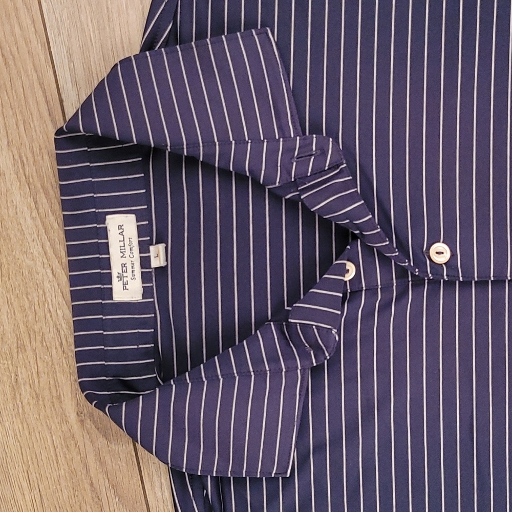 PETER MILLAR Summer Comfort Beck Dark Navy Striped Large Mens Polo Shirt